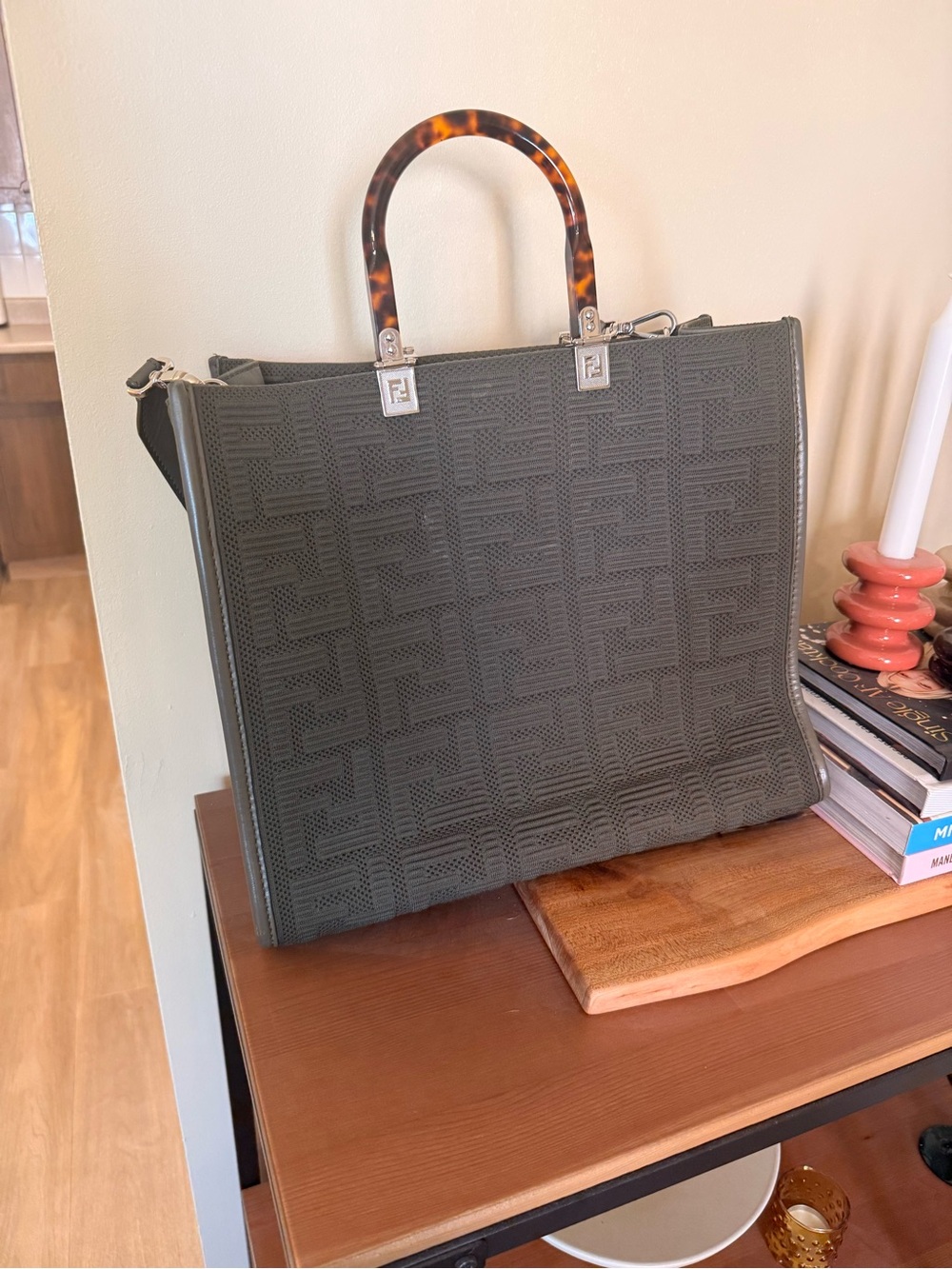 Authentic with COA Fendi Olive Green Runaway Sunshine Tote with Tortoiseshell